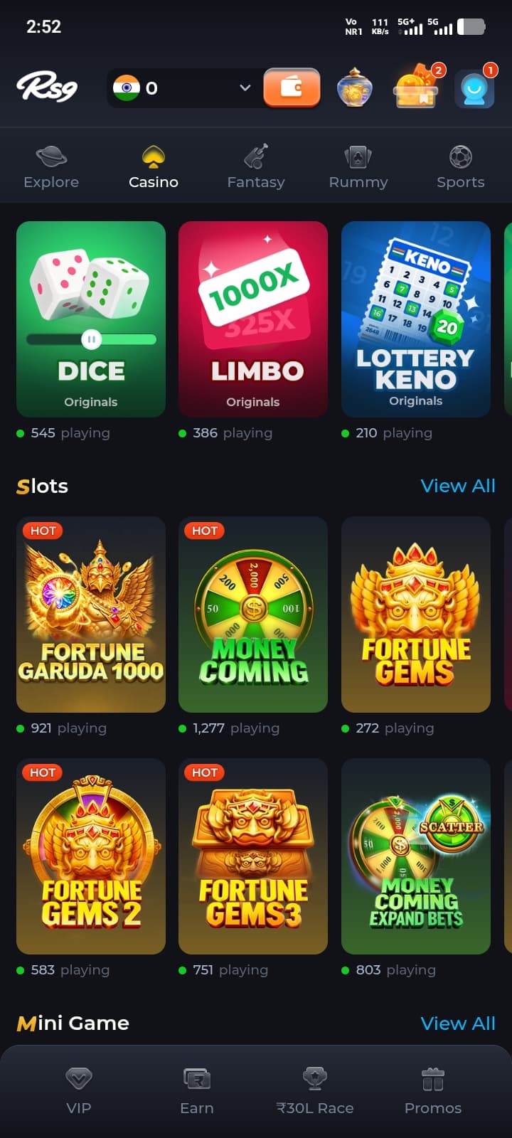 RS9 Game casino lobby with slots